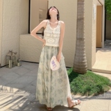 绿色独特绝美套装女夏季2025新款森系度假风叠穿垂感阔腿裤三件套，女装套装/套裙，2C196