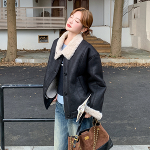 美式时髦复古羊羔毛外套女2025冬季高级感翻领机车服淡人穿搭夹克图片
