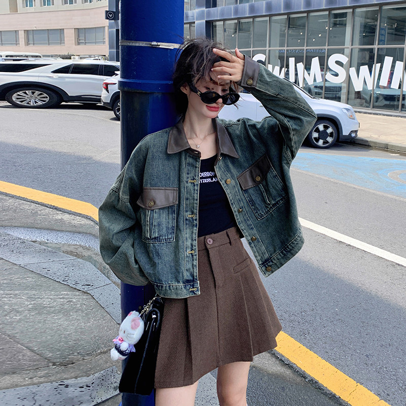 设计感pu皮拼接牛仔外套女2025春秋新款美式复古休闲百搭夹克上衣图片