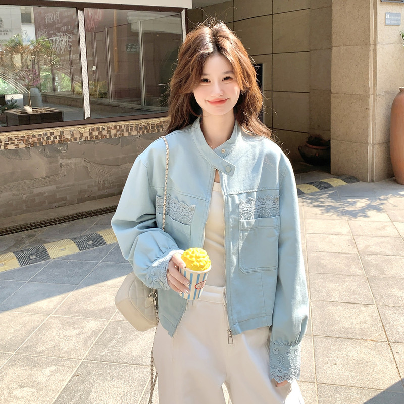 高级小众韩系chic蕾丝牛仔外套女春秋超火好看独特漂亮短夹克上衣,女装短外套,2C196