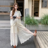 超火独特蕾丝拼接T恤马甲配阔腿裤套装女夏2025新款超好看三件套，女装套装/套裙，2C196