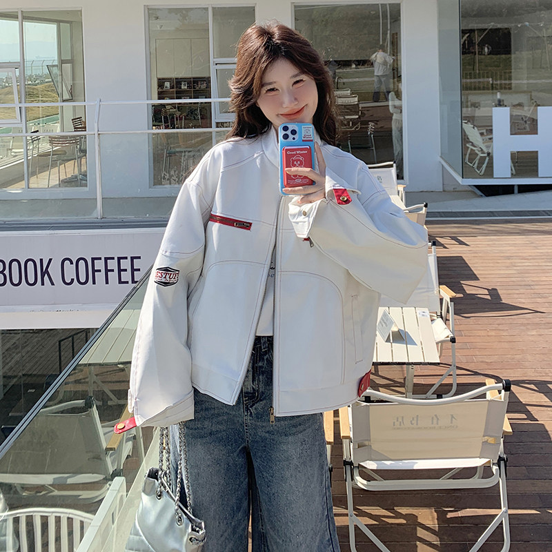 白色立领机车棒球服短外套女2025春秋季新款韩系宽松休闲夹克上衣,女装短外套,2C196