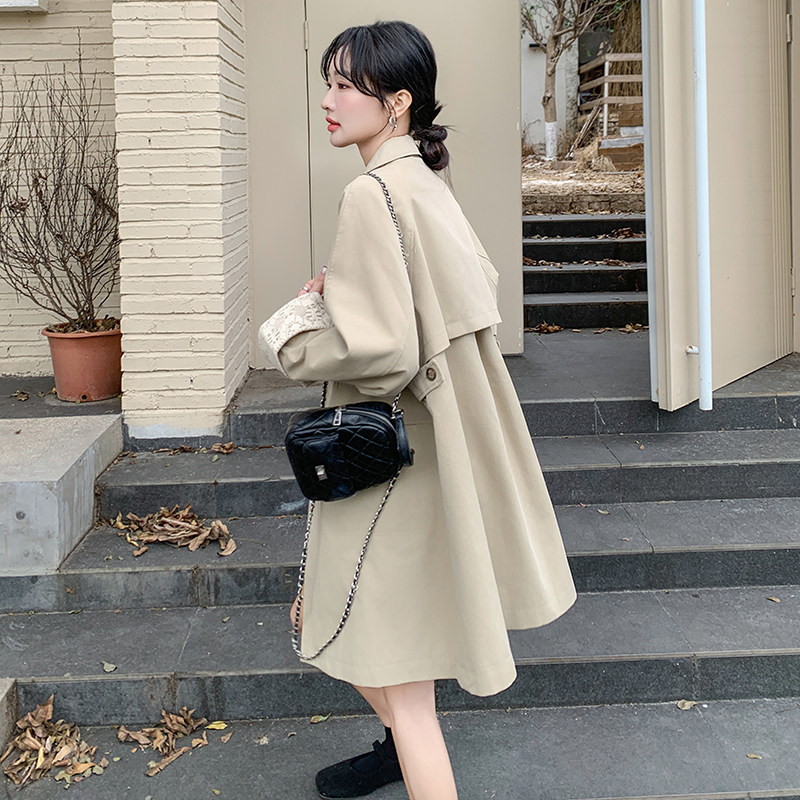 卡其色休闲风衣外套女中长款2025春季新款韩版宽松显瘦英伦风大衣,女装风衣,2C196