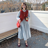 红色小香风马甲配衬衫连衣裙套装女开春2025新款千金感长裙两件套，女装套装/套裙，2C196