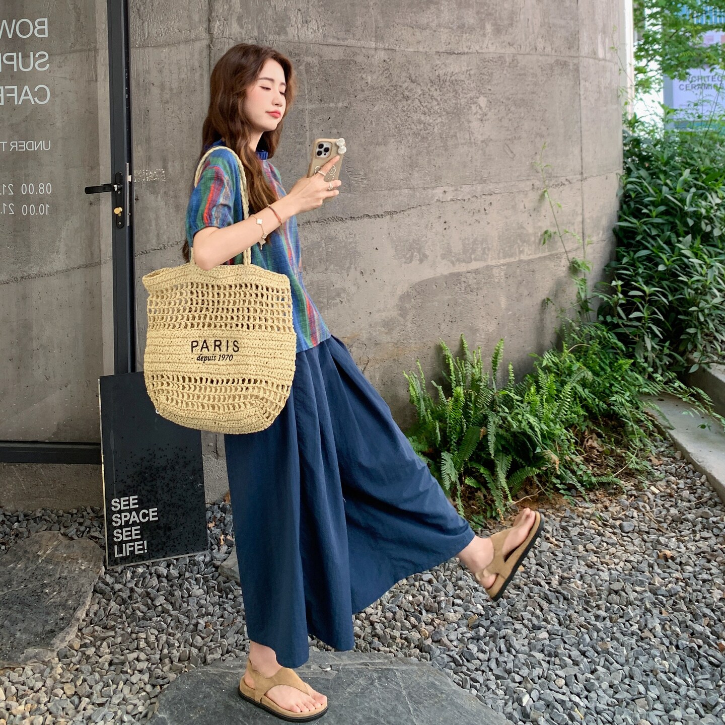 小众不撞款休闲套装女2025初夏穿搭宽松条纹短袖阔腿裤超火两件套,女装套装/套裙,2C196