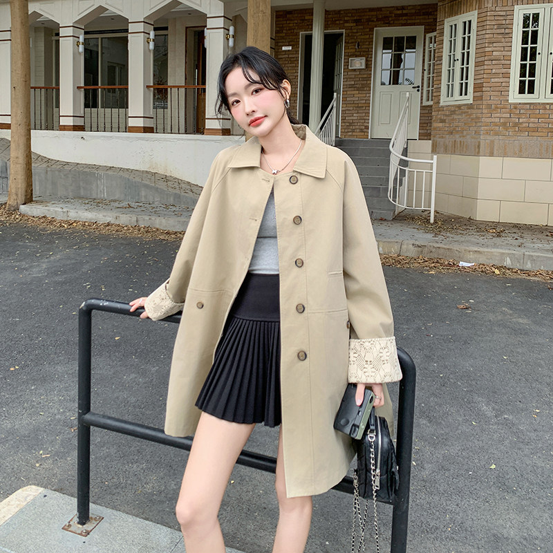 卡其色休闲风衣外套女中长款2025春季新款韩版宽松显瘦英伦风大衣,女装风衣,2C196