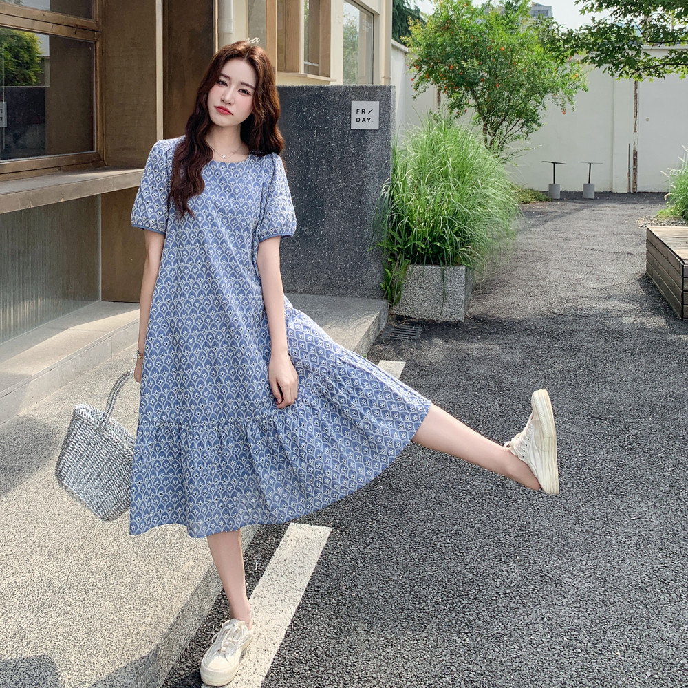 复古蓝色碎花圆领连衣裙女2025夏季新款独特别致宽松小个子a字裙,女装连衣裙,2C196
