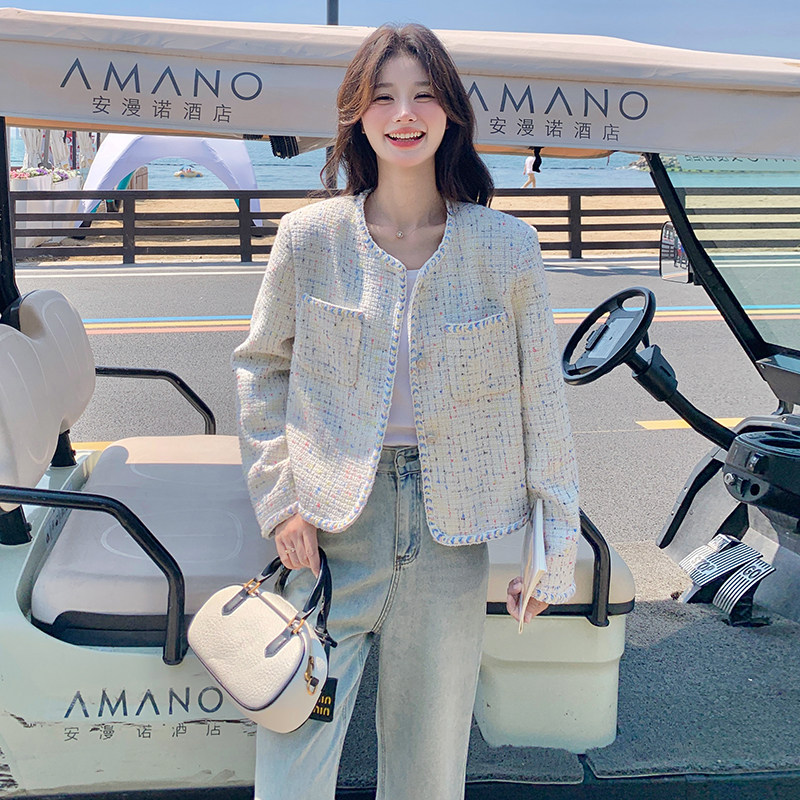 韩系氛围感彩色格子短外套女春秋2025新款优雅气质小香风显瘦上衣,女装短外套,2C196