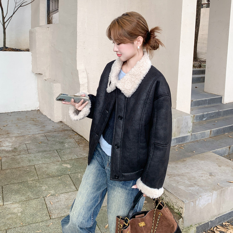 美式时髦复古羊羔毛外套女2025冬季高级感翻领机车服淡人穿搭夹克,女装皮草,2C196