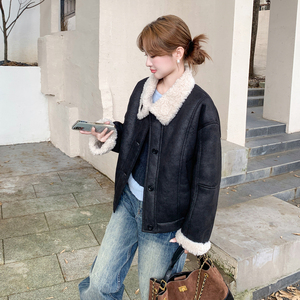 美式时髦复古羊羔毛外套女2025冬季高级感翻领机车服淡人穿搭夹克图片