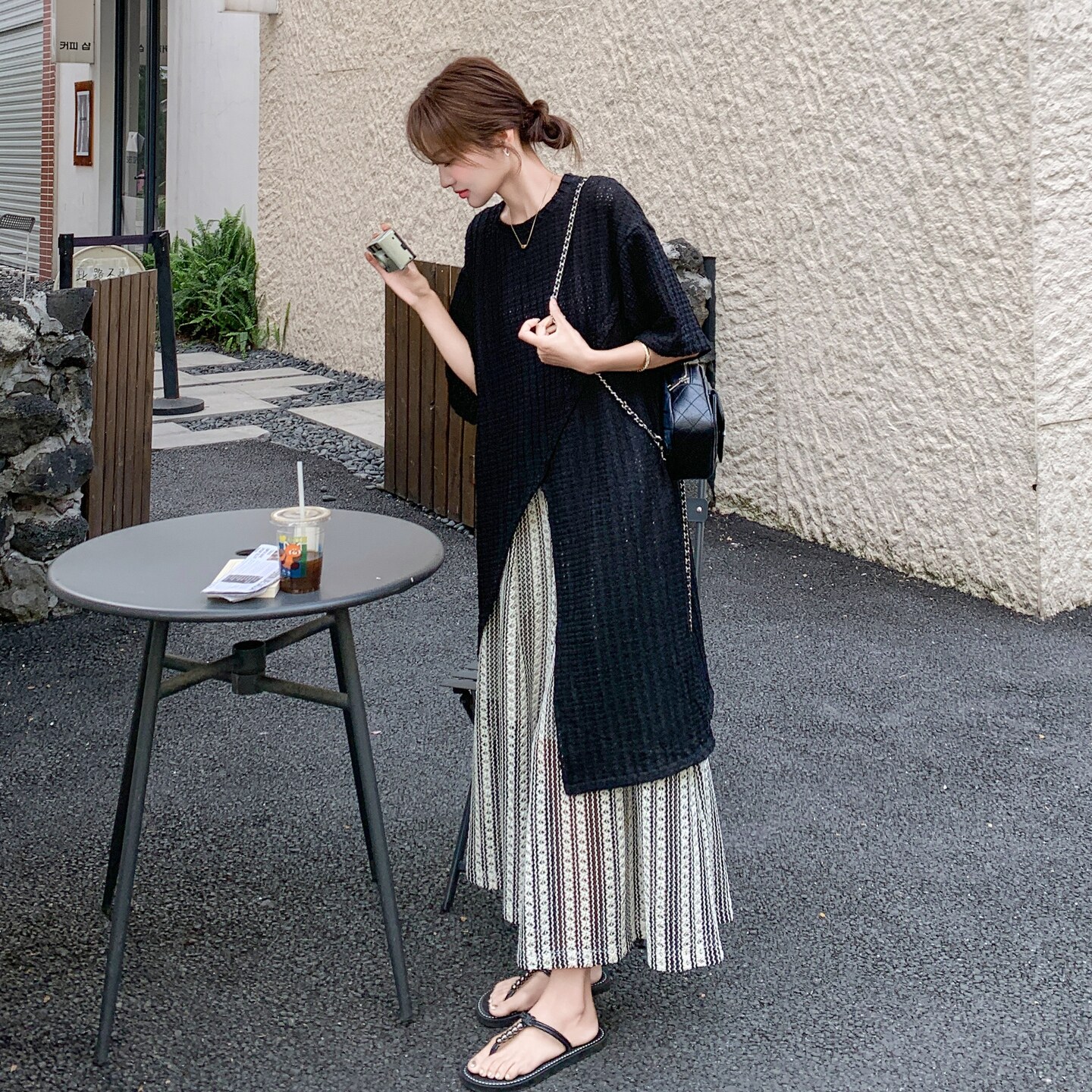 慵懒风黑色中长款开叉T恤阔腿裙裤套装女2025夏新款高级感两件套图片