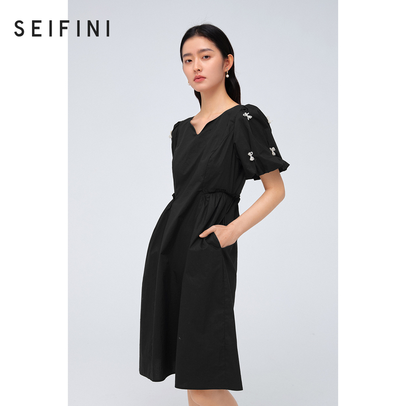 商场同款诗凡黎气质连衣裙女2024款蝴蝶结黑色长裙