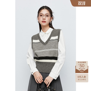 【商场同款】诗凡黎灰色v领针织马甲2024春新款上衣女3F3132211-1