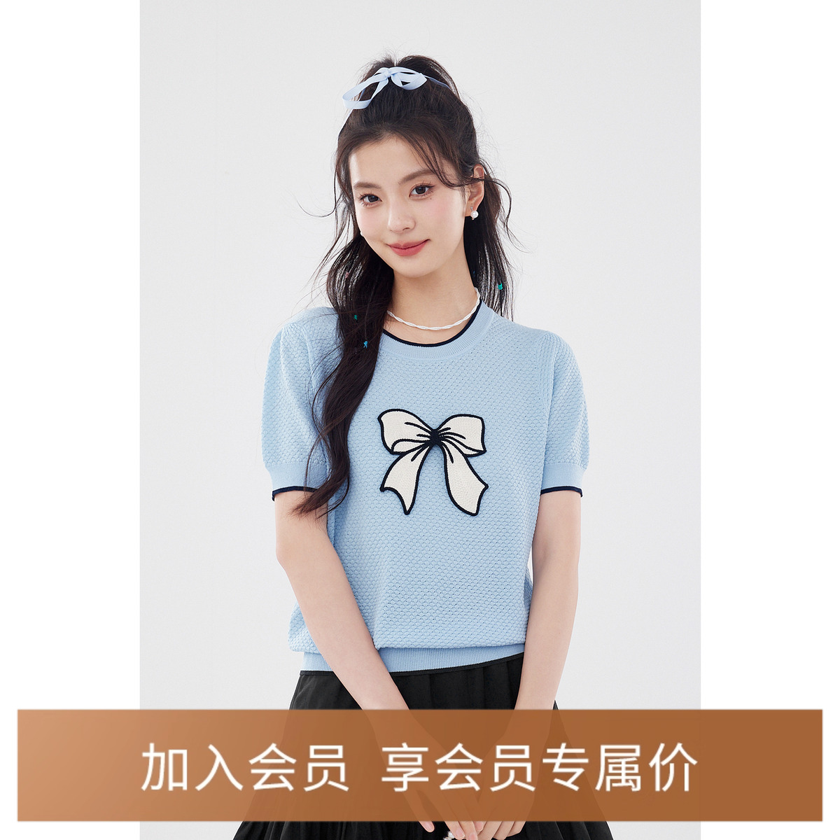 诗凡黎蓝色手绘蝴蝶结针织衫2024年夏新款薄款圆领套头短袖上衣女