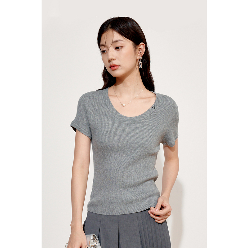 【商场同款】诗凡黎灰色圆领短袖针织衫2024秋新款上衣3F7732051