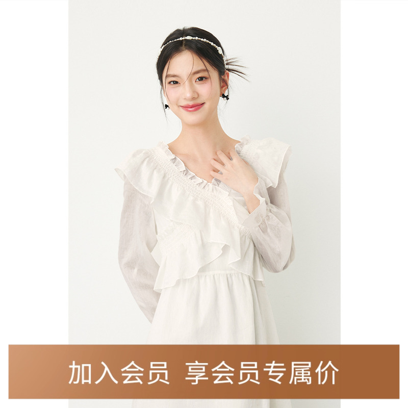 诗凡黎莱赛尔白色v领连衣裙2024秋新款天丝气质荷叶边流行公主裙