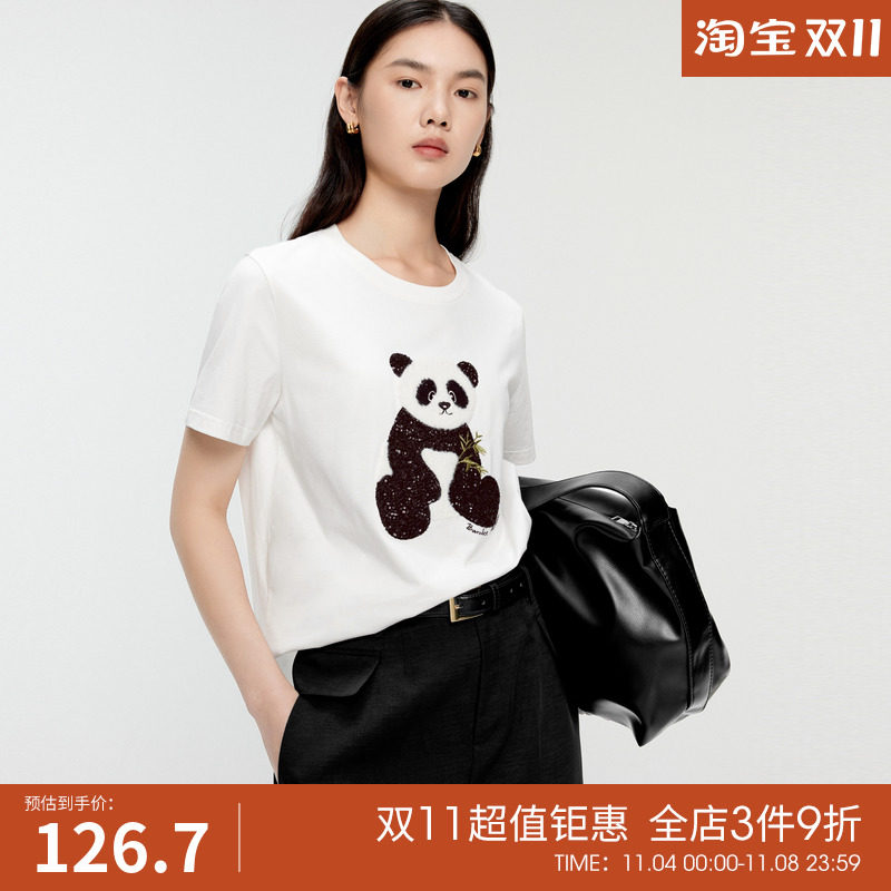 伊芙丽刺绣竹子熊猫简约百搭休闲圆领T恤女怎么看?