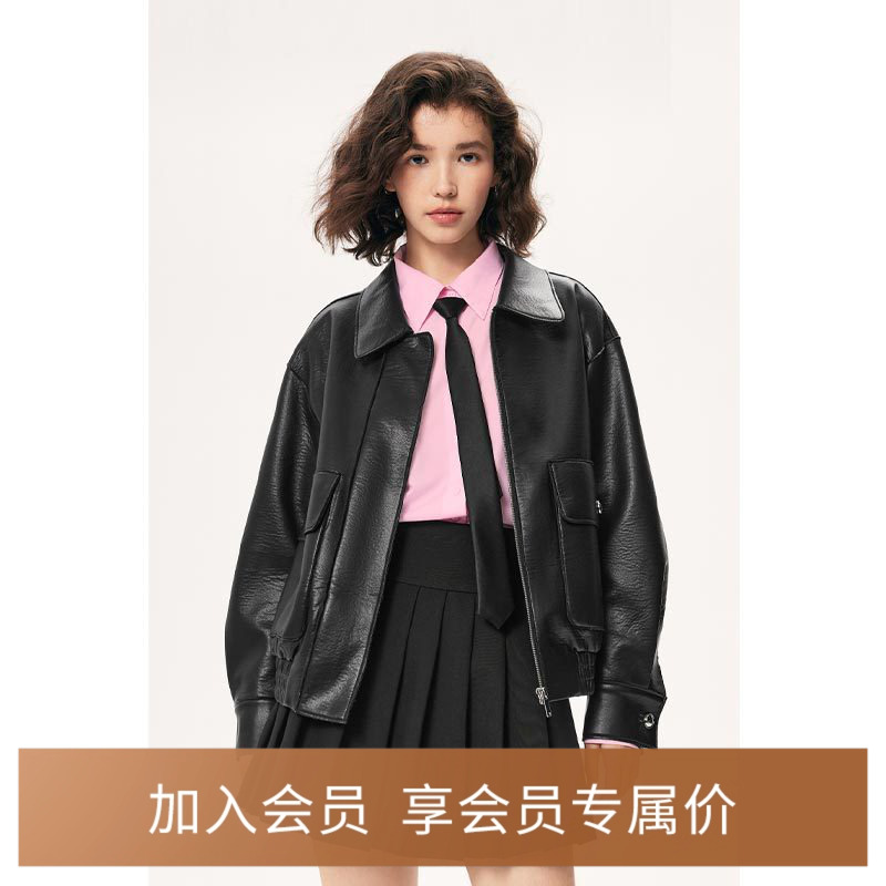 诗凡黎黑色皮衣2024秋款宽松小个子甜酷风黑色夹克短款外套女