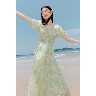 伊芙丽法式方领碎花设计感抽褶短袖连衣裙2024夏装收腰显瘦长裙女