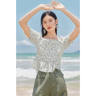 衬衫 伊芙丽法式 新款 方领优雅气质泡泡袖 女 碎花小上衣女2024夏装