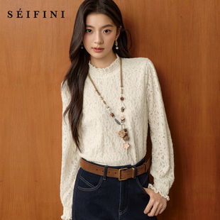 诗凡黎磨毛蕾丝连衣裙气质小上衣2025秋冬新款 木耳领显瘦保暖打底