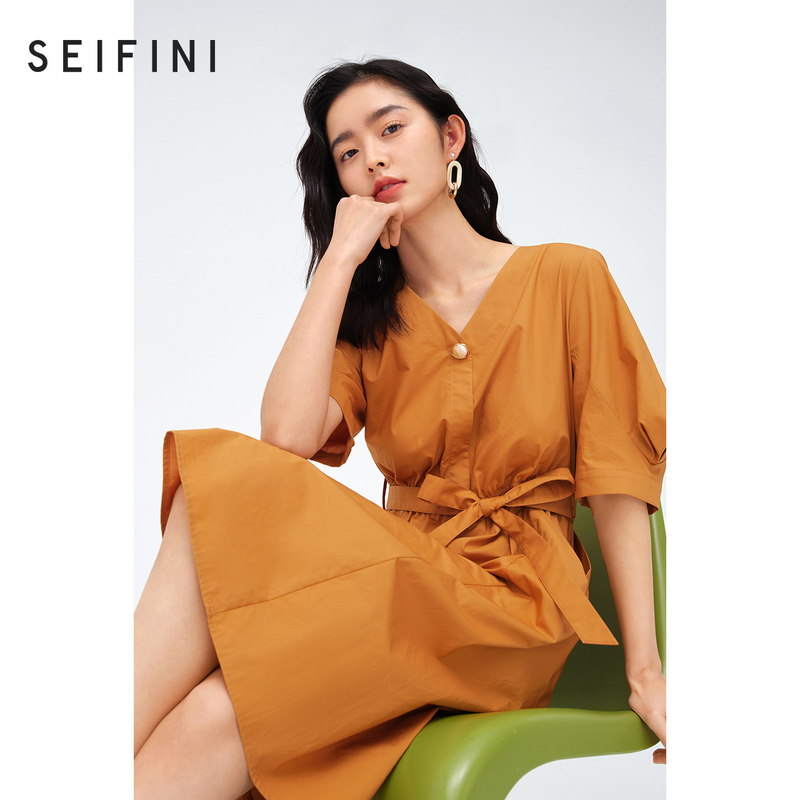 商场同款诗凡黎焦糖色连衣裙2022夏季新款v领公主连衣裙