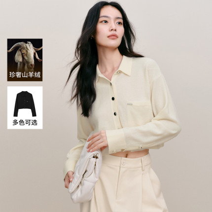 伊芙丽温柔气质POLO领简约百搭基础白色羊绒衫女2023秋装新款