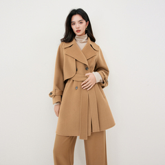 伊芙丽高支毛呢外套女2024秋装新款翻领设计感中长款双面呢子大衣