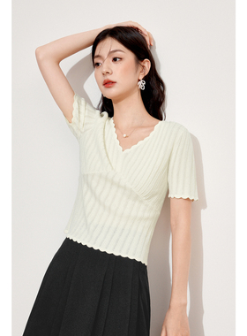 【商场同款】诗凡黎白色波浪边v领短袖针织衫2024秋新款3F7732001