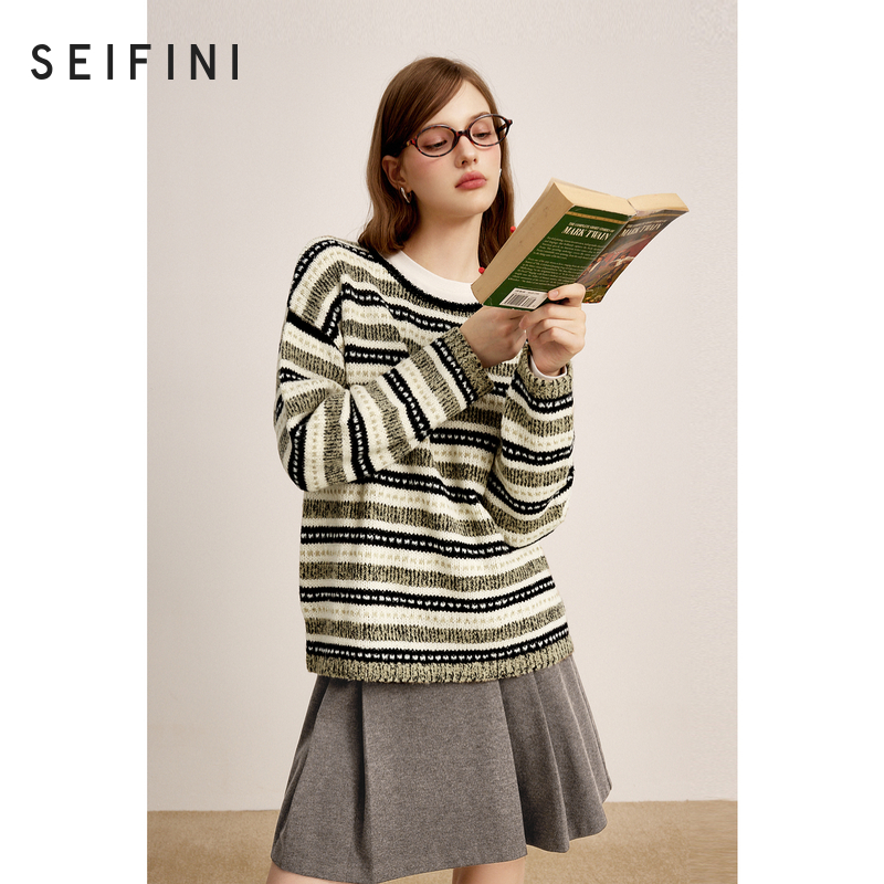 【商场同款】诗凡黎撞色条纹V领针织衫2024冬新款上衣女3FA433051