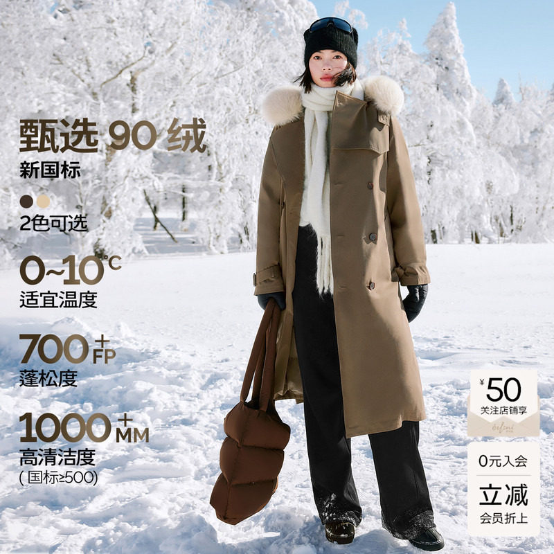 伊芙丽轻奢质感可脱卸毛领风衣式长款鸭绒羽绒服外套2024冬款