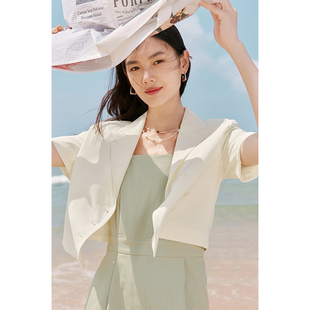 伊芙丽翻驳领截短西装外套上衣女2024秋装设计感气质短袖西装