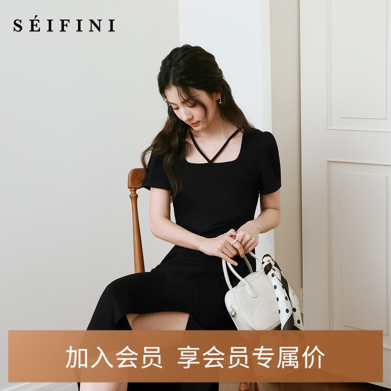 诗凡黎针织连衣裙25春新品短袖小黑裙系列收腰法式简约风中长裙