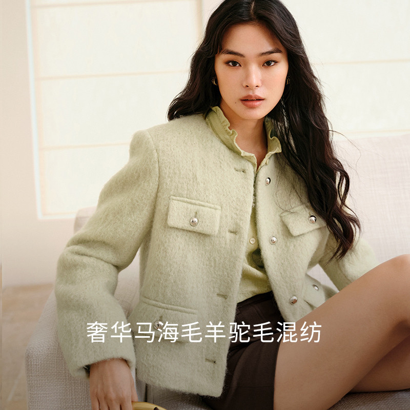 伊芙丽圆领小香风高级感马海毛羊驼毛短外套秋季气质老钱风外套女,女装/女士精品,短外套,淘宝优惠券,粉丝福利购,淘宝优惠卷