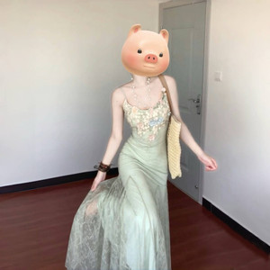 法式绿色花朵蕾丝网纱吊带连衣裙女夏季纯欲气质修身鱼尾包臀长裙