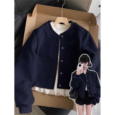 藏蓝色正肩夹克短外套女