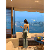 提臀裤 修身 子 女高腰微喇长裤 ACHI大也池天丝棉丰胯蓝色水洗牛仔裤