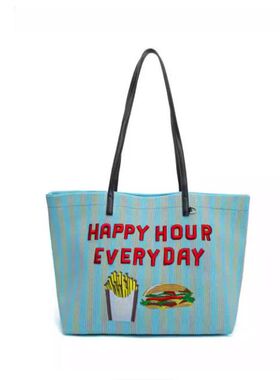 【张丫丫优选】清新蓝条纹刺绣托特包单肩购物包女2717#天空蓝