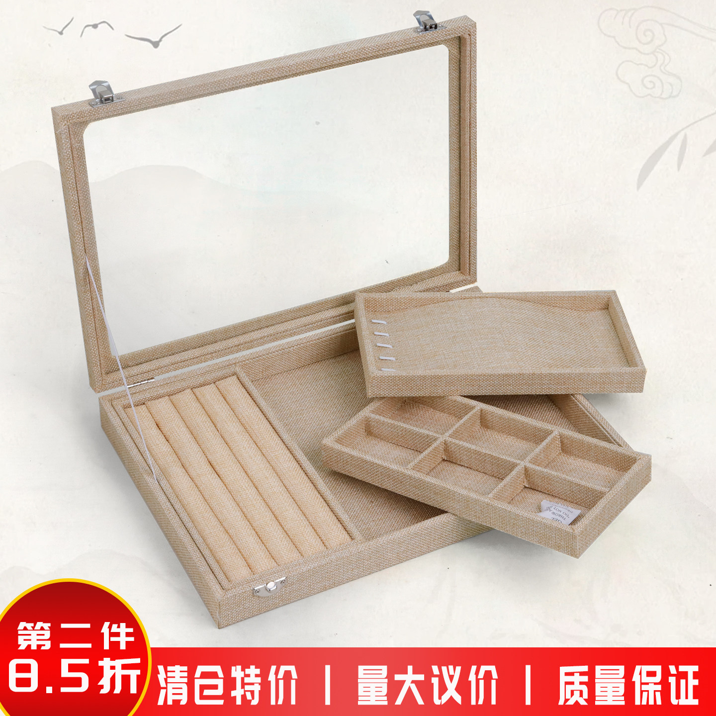 带盖透明麻布首饰箱大号图片