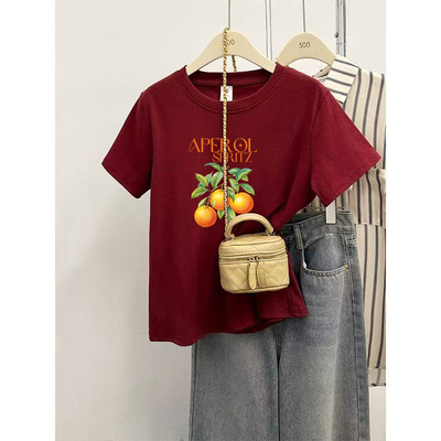 纯棉韩系橘子印花圆领短袖上衣女