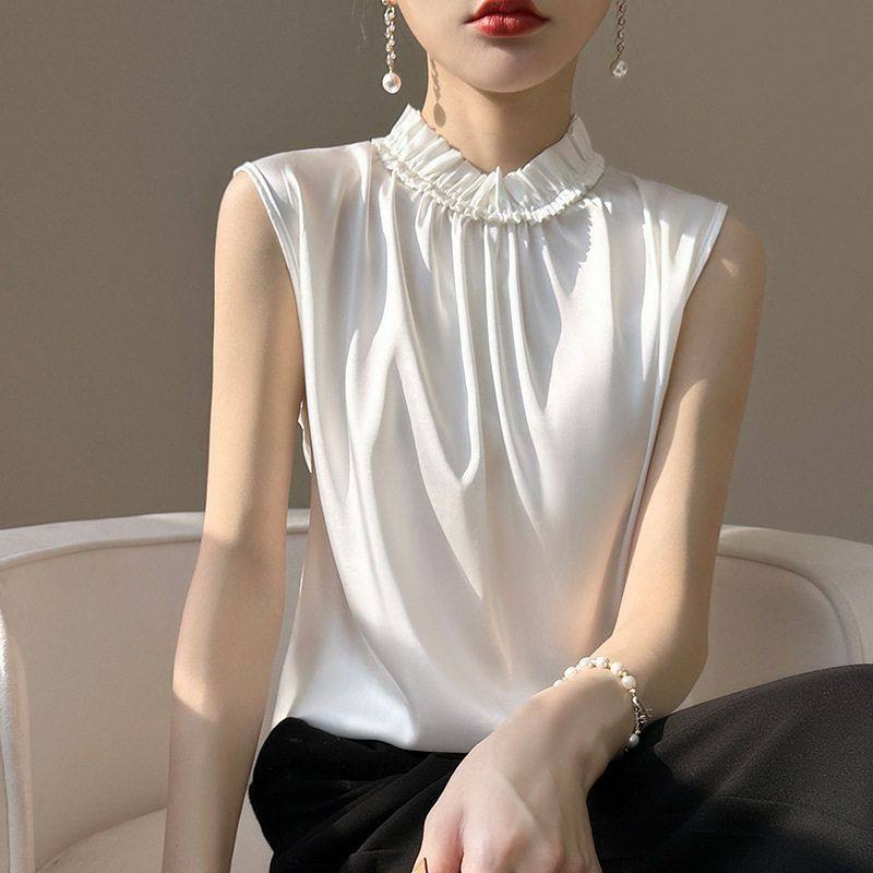 设计感短款丝吊带女新T恤背绸缎面上衣2025春夏半无袖木耳边高领,女装/女士精品,抹胸,淘宝优惠券,粉丝福利购,淘宝优惠卷