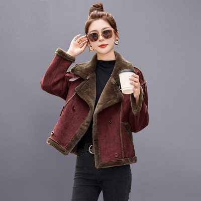 皮毛一体羊羔毛外套女冬2025新款仿鹿皮绒短款加绒加厚机车服上衣