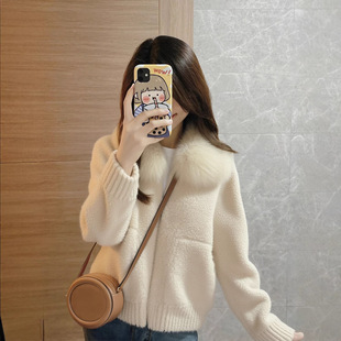 现货 独特漂亮的米白色慵懒风短款加厚摇粒绒羊羔毛外套女款冬季