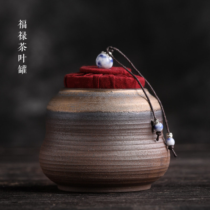 鎏金福禄手工粗陶茶叶罐