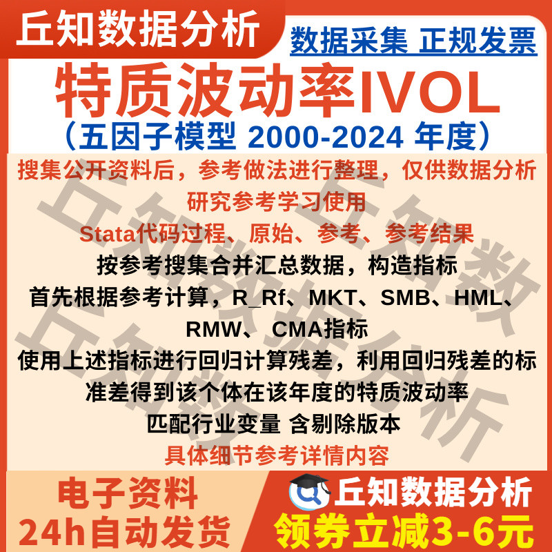 年度特质波动率IVOL五因子模型2024-2000年数据Stata代码上市公司