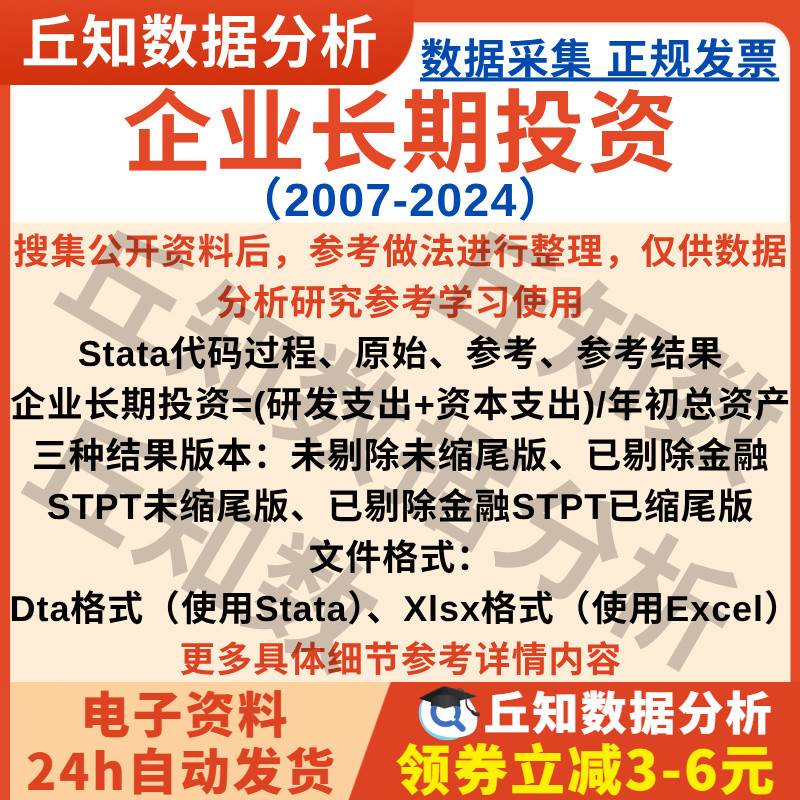 企业长期投资2024-2007年上市公司数据StataExcel表缩尾剔除行业
