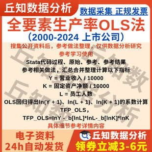 企业全要素生产率OLS法2024年版Stata代码上市公司数据25/7/2更新