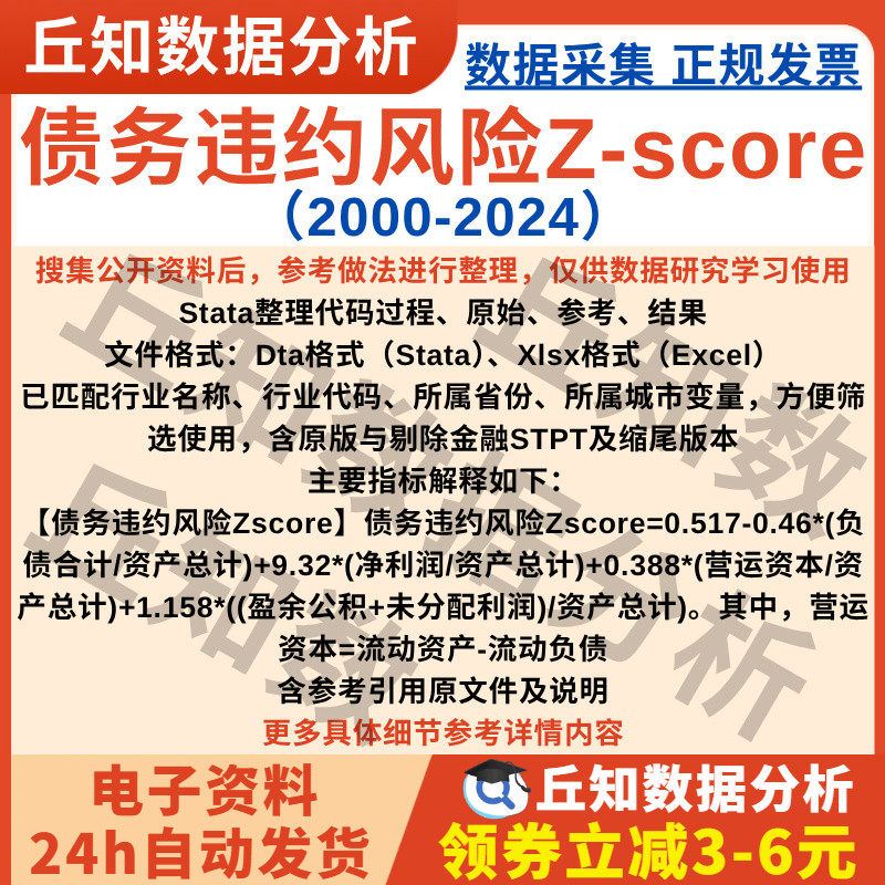 债务违约风险Zscore模型2024-2000含Stata代码已匹配行业剔除缩尾,商务/设计服务,设计素材/源文件,淘宝优惠券,粉丝福利购,淘宝优惠卷