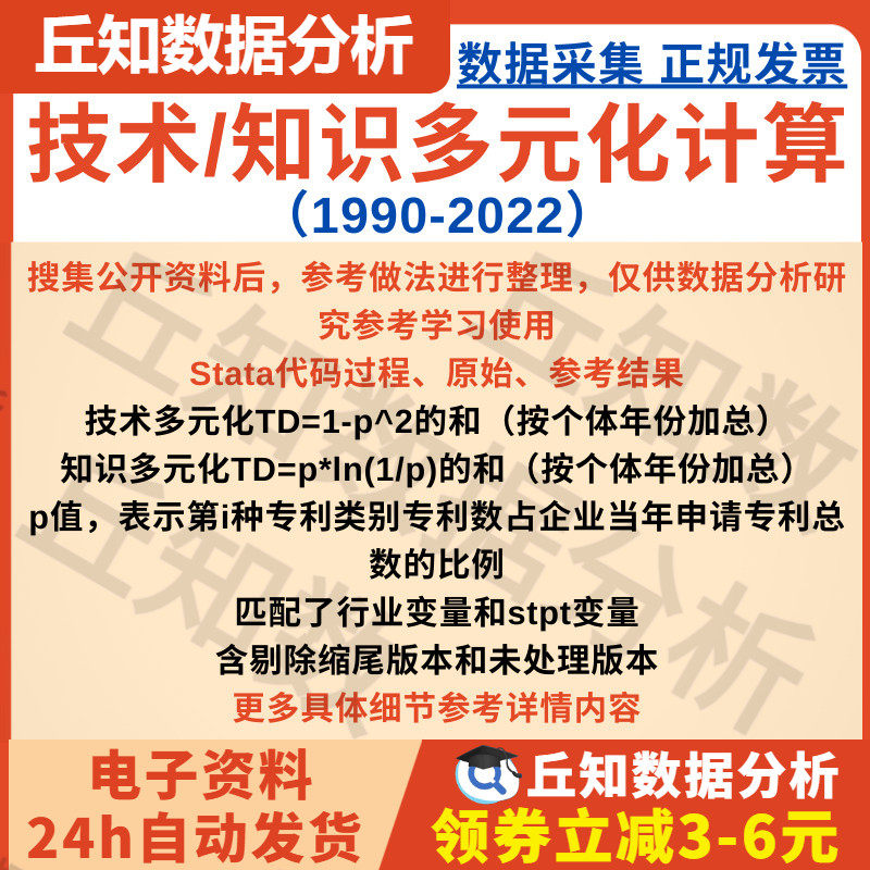 技术/知识多元化Stata计算1990-2022 代码过程、原始、参考结果等