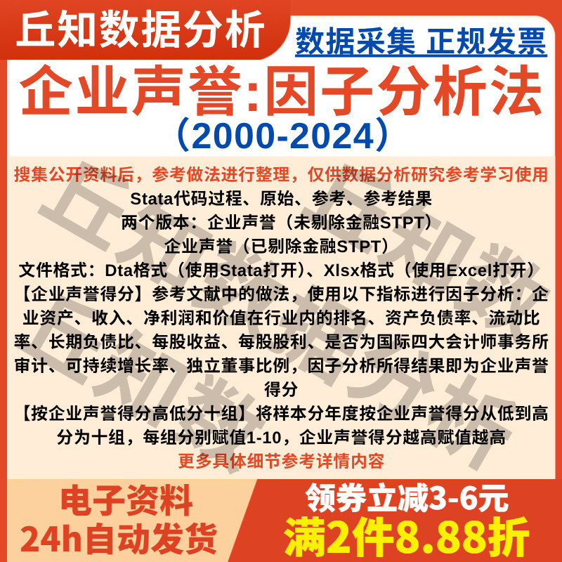企业声誉:因子分析法2024-2000上市公司数据含Stata代码参考说明